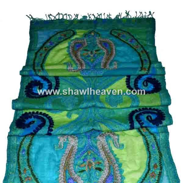 High quality turquoise paisley cutwork scarf/foulard/schal with dark embroidery stitches